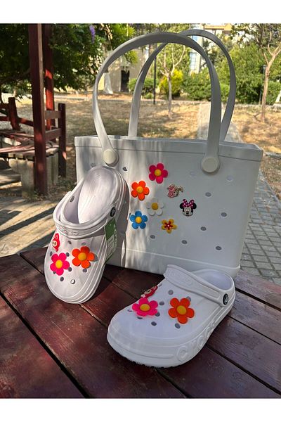 Madam Kifi 3-Piece Croslite Plastic Beach Bag Including Slippers and Charm Ornaments White