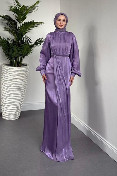 MERVEN AKYÜZ Shay Waist and Sleeve Baguette Stone Evening Dress Janjan Evening Dress Lilac