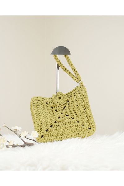 Randsac Olive Green Crochet Handbag with Floral Knot Detail and Strap