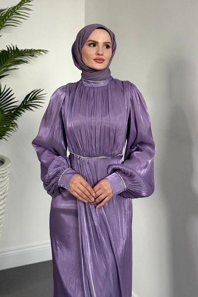 MERVEN AKYÜZ Shay Waist and Sleeve Baguette Stone Evening Dress Janjan Evening Dress Lilac