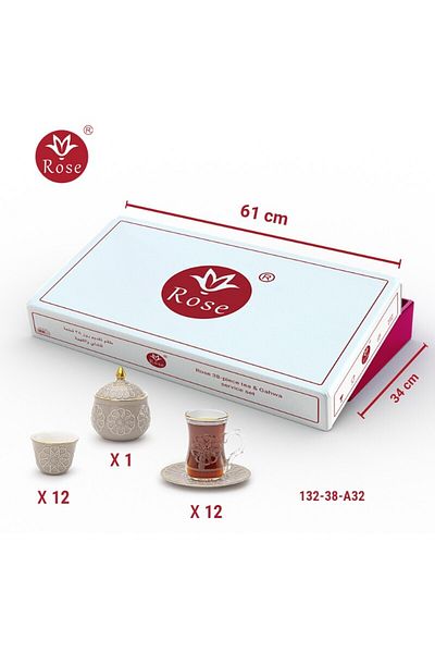 Rose CR-132-طقم تقديم 38 قطعة للشاي والقهوة بنقشة إسلامية مميزة روز