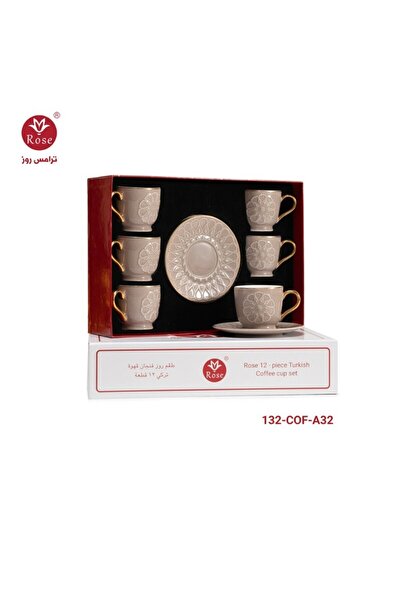 Rose CR-132 - 12-piece Turkish porcelain coffee cup set with a distinctive Islamic rose pattern