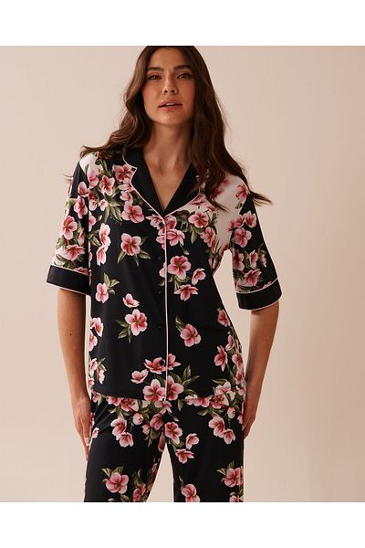 La Vie en Rose قميص بأزرار وأكمام ثلاثة أرباع مع طباعة زهر الكرز من ألياف معاد تدويرها