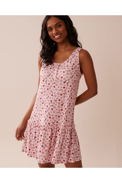 La Vie en Rose Pink Floral Print Ribbed Jersey Nightie