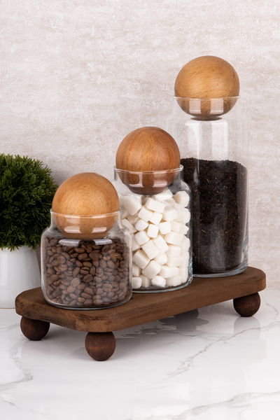 dnshome 3 Boy Cam Kavanoz Seti Top Kapaklı & Doğal Ahşap Stantlı Saklama Kabı...