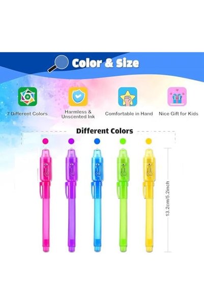 Generic Invisible Ink Spy Pens with Light, Set of 6, Multicolor Secret Message Writing Kit for Kids
