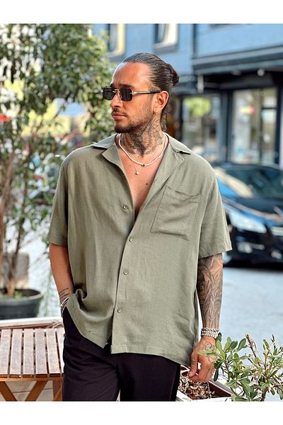 manch collection Single Pocket Short Sleeve Oversize Linen Shirt Green