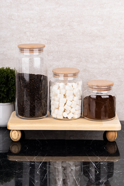 dnshome 3 Size Glass Jar Set with Natural Wooden Stand Vacuum Lid Storage Con...