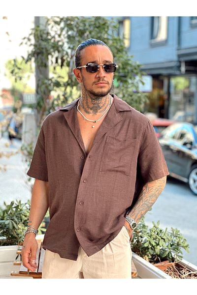 manch collection Single Pocket Short Sleeve Oversize Linen Shirt Brown