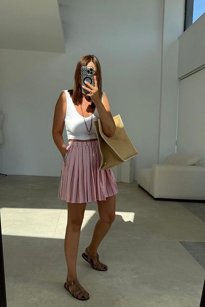 ELVAN TOLON Pink Striped Pleated Skirt