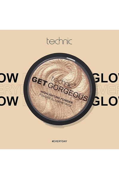 TECHNIC Jet Gorgeous Highlighter Powder - Pressed shimmery face makeup for a golden glow. Color: 24CT Gold