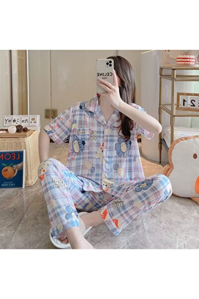Türkiye Ladies Pajamas Set Plaid Print Short-Sleeved Trousers with Lapel Elas...