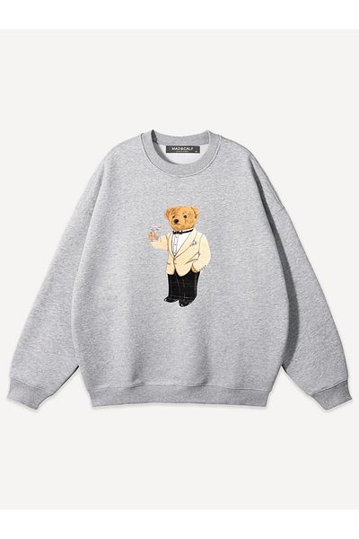 Mad&Calf Unisex Business Teddy Printed Crew Neck Oversize Sweatshirt