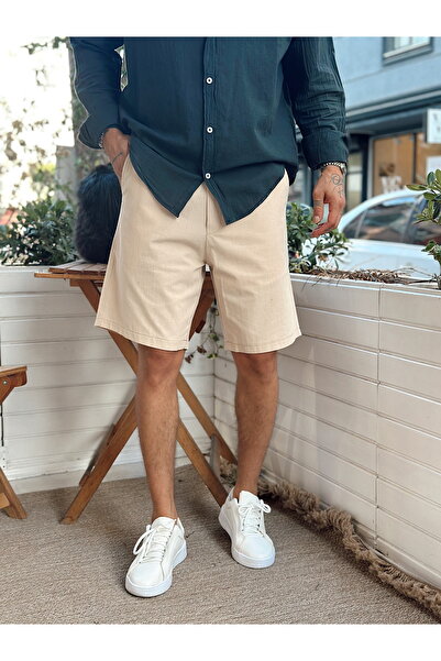 manch collection Βασική κρέμα λινό σορτς με κουμπιά