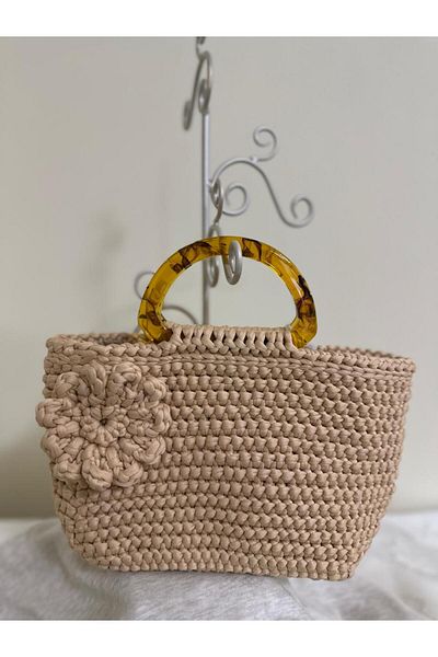 Randsac Beige Crochet Handbag with Flower Accent – Amber Acrylic Round Handles