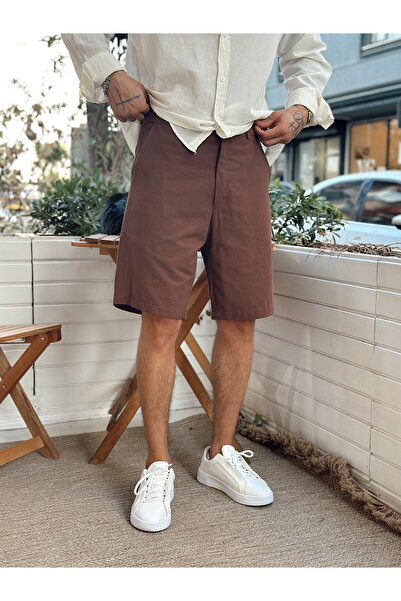 manch collection Βασικό λινό σορτς με κουμπιά καφέ