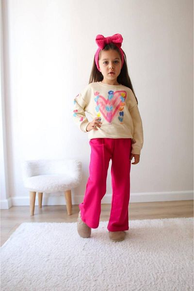 jeliboomkidswear Flower Printed Heart Patterned 3-Strand Unsharp Bottom Top 2-Piece Girl's Set