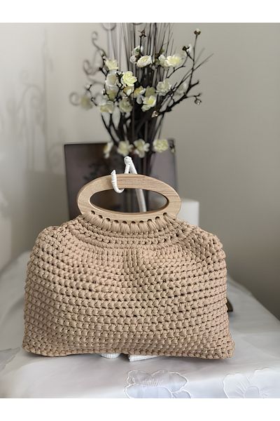 Randsac Beige Handcrafted Crochet Bag with Wooden Handle