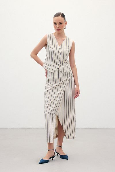 Sateen Striped Linen Skirt - Navy Blue