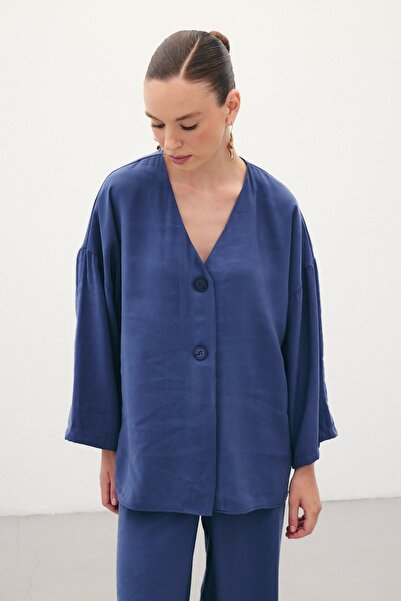 Sateen Düğmeli Kimono - İndigo