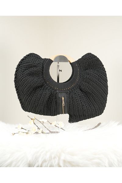 Randsac Black Crochet Handbag with Ruffled Design, Wooden Handle, and Zipper Closure