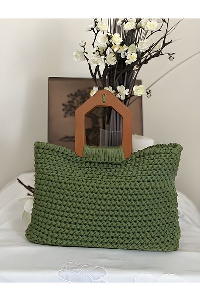 Randsac Green Crochet Handbag with Wooden Handle