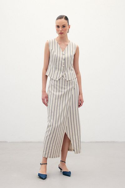 Sateen Striped Linen Skirt - Navy Blue
