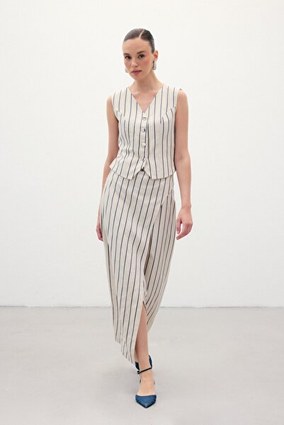 Sateen Çizgili Keten Etek - Lacivert