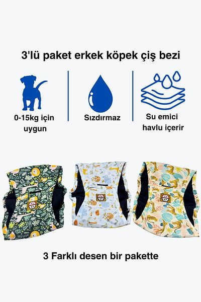 salya store Patterned Male Dog Pee Diapers - 3-Piece Advantageous Package Waterproof and Washable Male Dog Panties