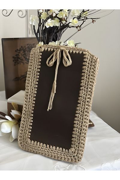 Randsac Beige Crochet Laptop Sleeve with Leather Accent and Tie Closure