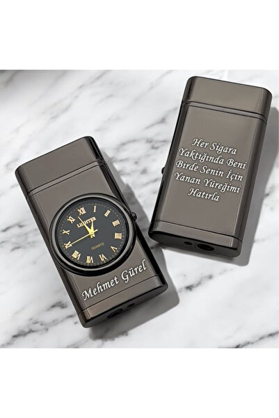 hediyesahibi Kişiye Özel Çift Yön Baskı Turbo Jet Işıklı Saatli Çakmak -Kutulu ve Hediye Paketinde