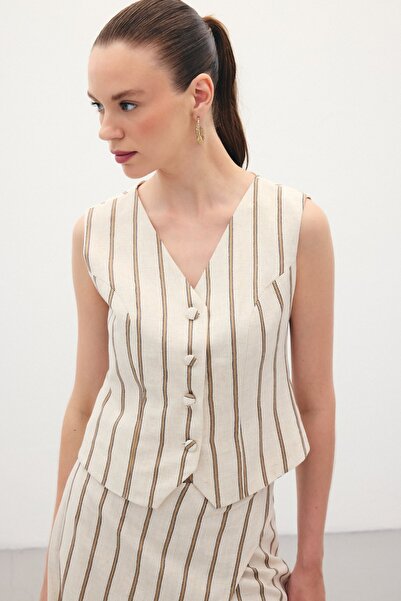 Sateen Смугастий жилет з суміші льону - Camel