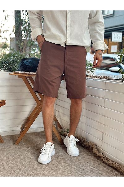 manch collection Basic Buttoned Linen Shorts Brown