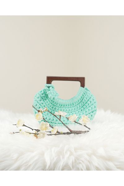Randsac Aqua Blue Crochet Handbag with Wooden Handle and Flower Detail