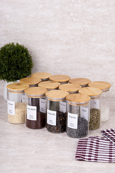 DNS HOME 12-Piece Bamboo Vacuum Lid Borosilicate Spice Set Glass Spice Rack Set with Label Gift 250 ml