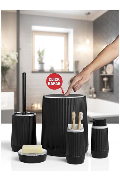 Altabi Bathroom Set Plastic Black Color 5 Piece Smart Trash Can