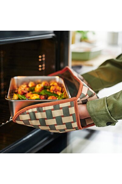 IKEA RINNIG Oven Mitt, Beige/Light Grey-Green/Brown-Red Pattern