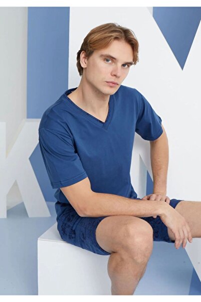 İpek Men's Short Sleeve V Neck 100% Cotton Shorts Pajamas Set