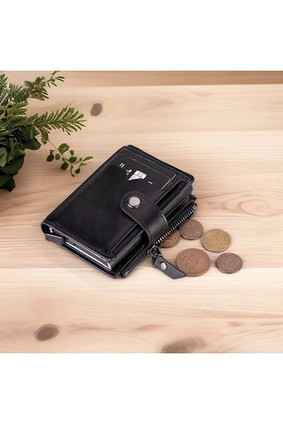 PLM Rhodes Genuine Leather, Handmade, Pop-Up Card Holder Wallet, Glossy Black