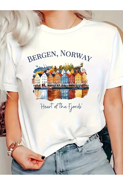 CLASİVA تي شيرت Bergen Norway للموسم الجديد بتصميم عصري مطبوع حسب الطلب للنسا...