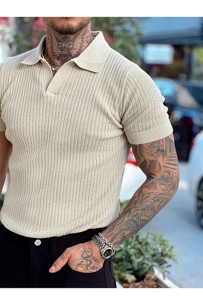 manch collection Chenille Fabric Knitwear Polo Neck Stone