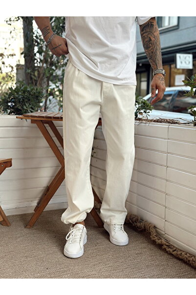 manch collection Paçası Ayarlanabilir Gabardin Pantolon Krem