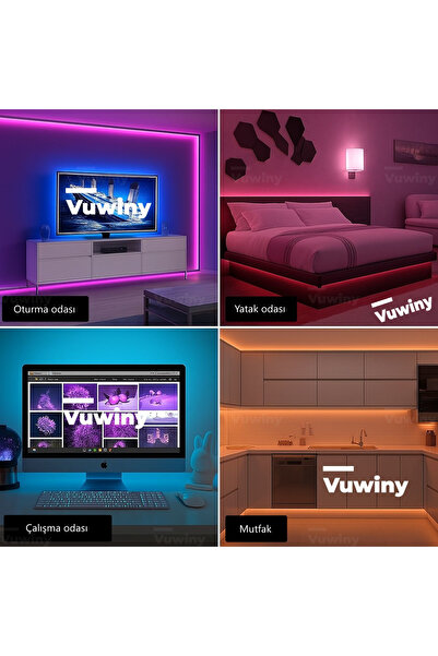Vuwiny Mobil Uygulamalı Sese Duyarlı RGB Akıllı USB Siyah Silikon Kaplamalı Led Şerit (5V - 5 Metre)