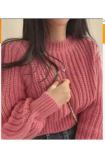FLEX FASHION Krop Loose Fit Balloon Sleeve Crew Neck Pink Sweater