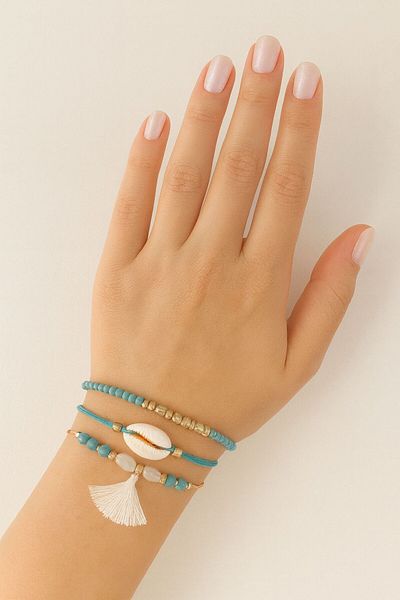 KEEBA Turquoise Rope Bracelet with 3 Sea Shells, Pearls, Tassels, Elevator and Elastic. Women's Rope Bracelet Anklet