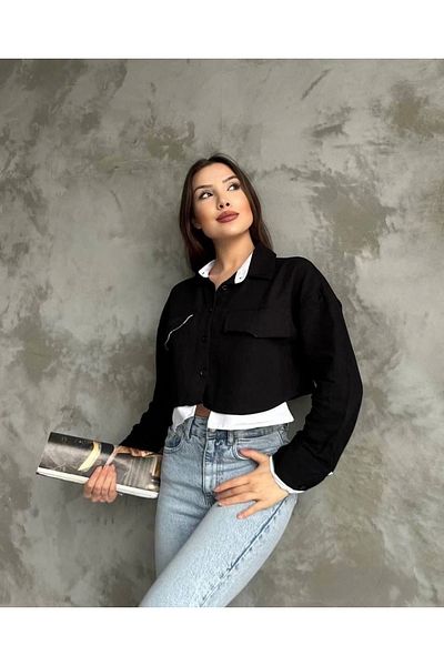 zarifkadın Double Color Short Shirt Black and White S4021