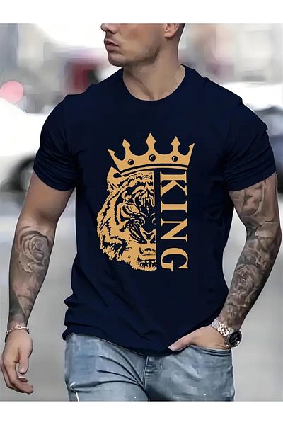 CRTX Men's T-shirt, hand-customized with "KING LION" logo, 100% cotton, gold