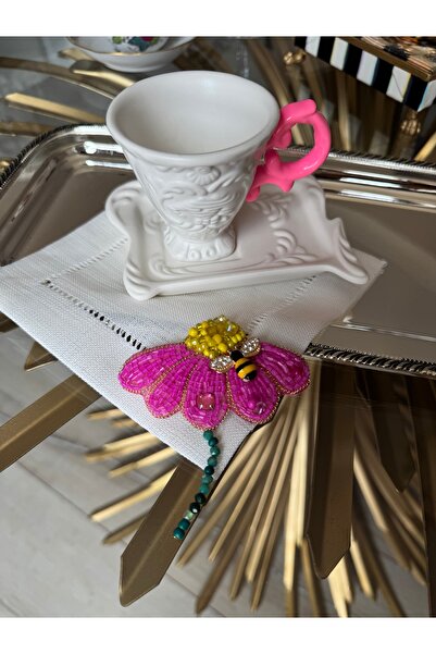 Hatice sakallı design 1 منديل تقديم القهوة مطرز بحجر البابونج الوردي الداكن