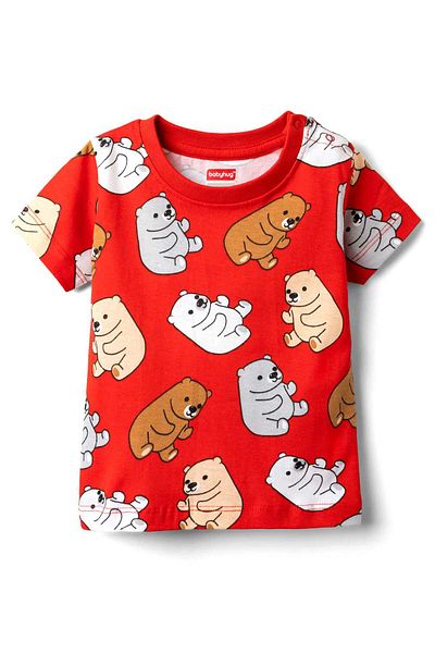 Babyhug Cotton Knit Half Sleeves T-Shirt and Pajama Set With Bear Print - Red