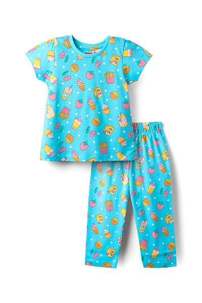 Babyhug Cotton Knit Half Sleeves T-Shirt and Pajama Set With Tropical Print - Light Blue